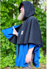 Cloakmakers.com 6141-Washable Charcoal & Bright Blue Wool Blend Mantle Cloak w/ Blue Velvet Hood Lining & Dual Wolf Embroidery