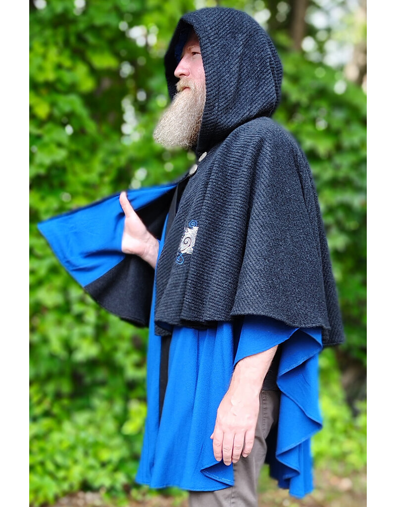 Cloakmakers.com 6141-Washable Charcoal & Bright Blue Wool Blend Mantle Cloak w/ Blue Velvet Hood Lining & Dual Wolf Embroidery