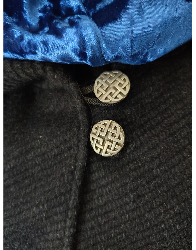 Cloakmakers.com 6141-Washable Charcoal & Bright Blue Wool Blend Mantle Cloak w/ Blue Velvet Hood Lining & Dual Wolf Embroidery