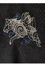 Cloakmakers.com 6141-Washable Charcoal & Bright Blue Wool Blend Mantle Cloak w/ Blue Velvet Hood Lining & Dual Wolf Embroidery
