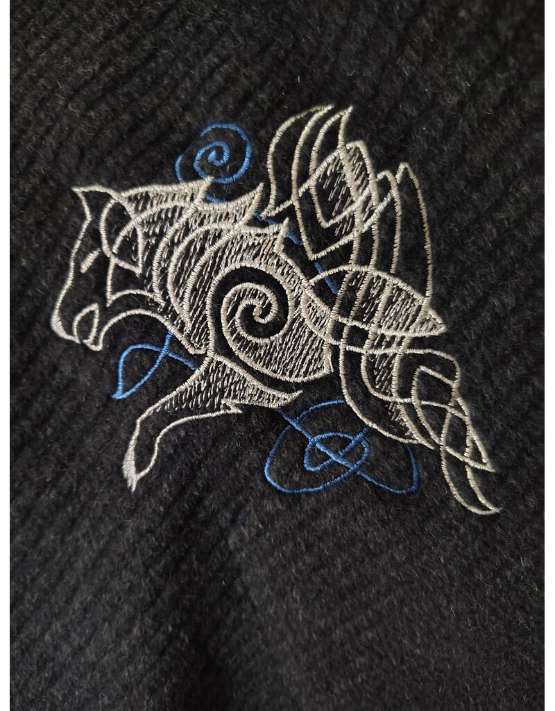 Cloakmakers.com 6141-Washable Charcoal & Bright Blue Wool Blend Mantle Cloak w/ Blue Velvet Hood Lining & Dual Wolf Embroidery