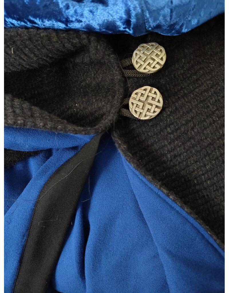 Cloakmakers.com 6141-Washable Charcoal & Bright Blue Wool Blend Mantle Cloak w/ Blue Velvet Hood Lining & Dual Wolf Embroidery