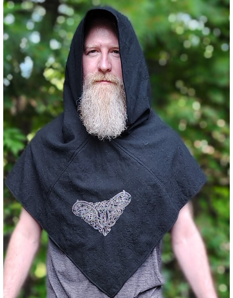 Cloakmakers.com H591-Washable Black Wool Hooded Cowl w/ Celtic Knotted Heart Embroidery