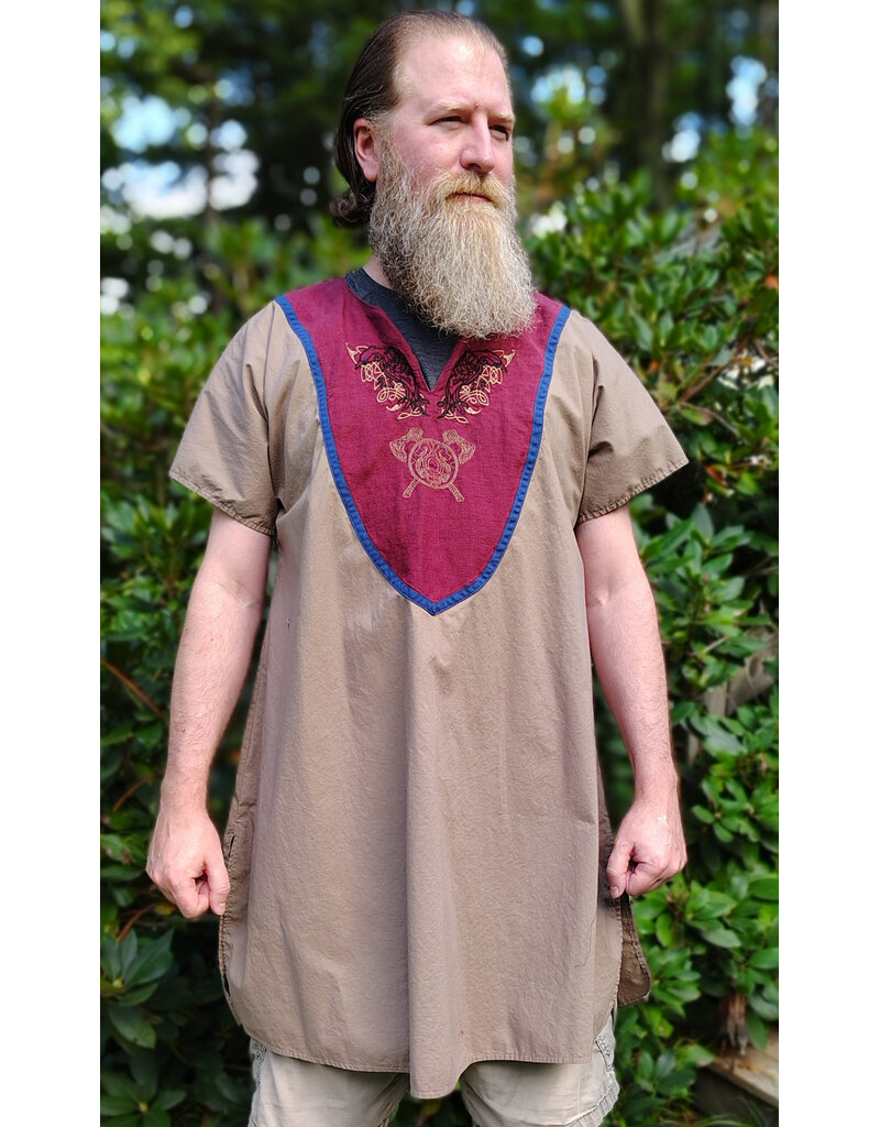 Cloakmakers.com J935-Washable Tan & Maroon Cotton Tunic w/ Celtic Raven & Axes Embroidery