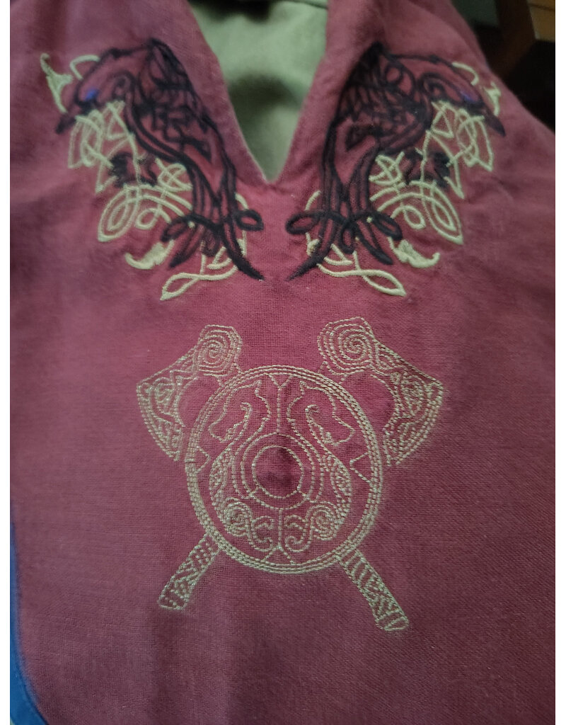 Cloakmakers.com J935-Washable Tan & Maroon Cotton Tunic w/ Celtic Raven & Axes Embroidery