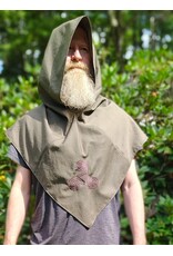 Cloakmakers.com H592-Washable Greenish Brown Wool Pointy Hooded Cowl w/ Purple Triskelion Embroidery
