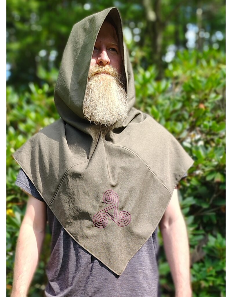 Cloakmakers.com H592-Washable Greenish Brown Wool Pointy Hooded Cowl w/ Purple Triskelion Embroidery