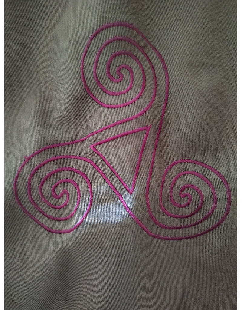 Cloakmakers.com H592-Washable Greenish Brown Wool Pointy Hooded Cowl w/ Purple Triskelion Embroidery