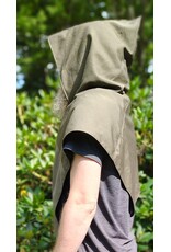 Cloakmakers.com H592-Washable Greenish Brown Wool Pointy Hooded Cowl w/ Purple Triskelion Embroidery