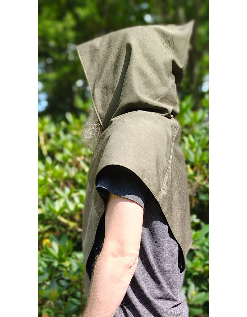 Cloakmakers.com H592-Washable Greenish Brown Wool Pointy Hooded Cowl w/ Purple Triskelion Embroidery