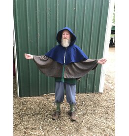 Cloakmakers.com 6142-Washable Blue & Brown/Blue Checkered Wool Mantle Cloak w/ Brown Velvet Hood Line