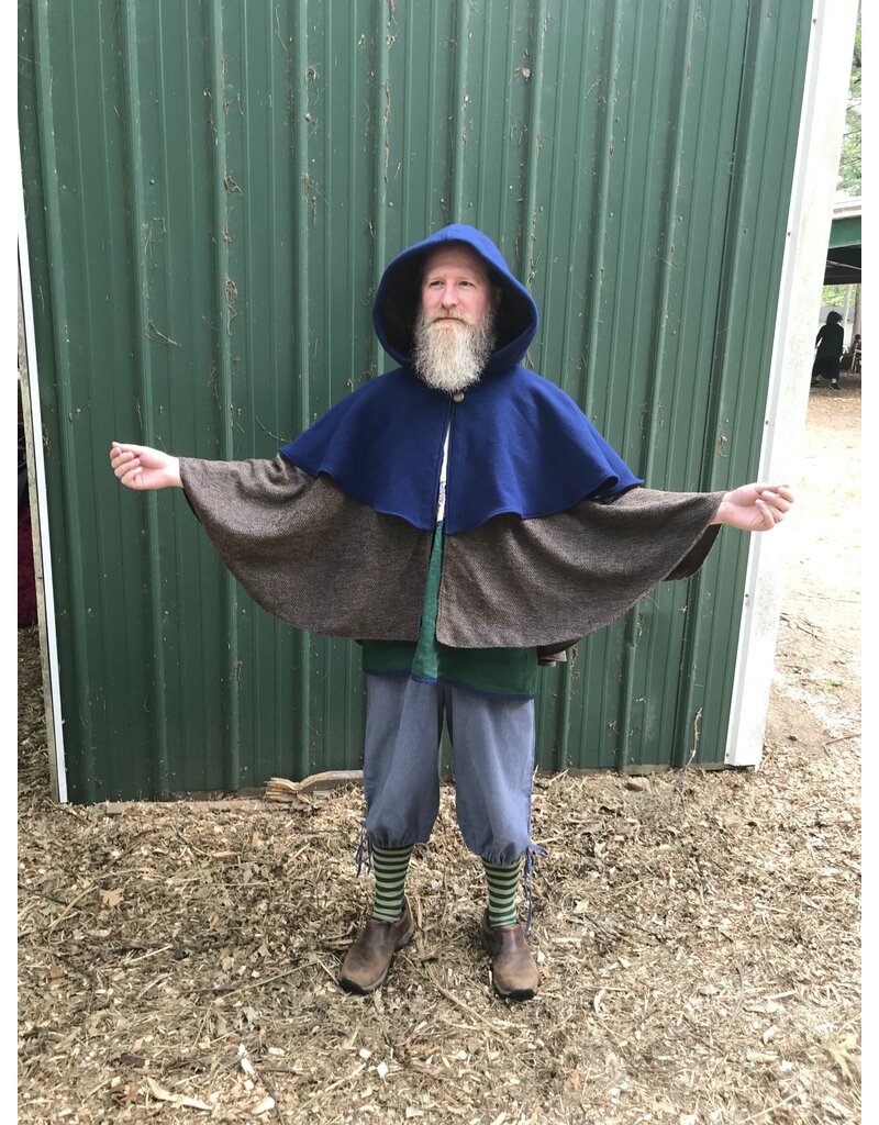 Cloakmakers.com 6142-Washable Blue & Brown/Blue Checkered Wool Mantle Cloak w/ Brown Velvet Hood Line