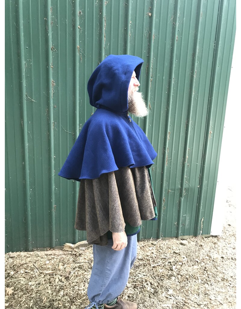 Cloakmakers.com 6142-Washable Blue & Brown/Blue Checkered Wool Mantle Cloak w/ Brown Velvet Hood Line