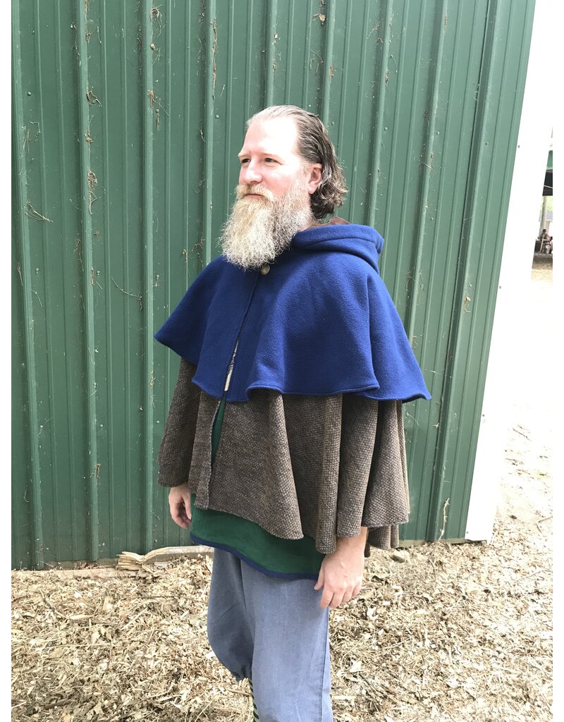 Cloakmakers.com 6142-Washable Blue & Brown/Blue Checkered Wool Mantle Cloak w/ Brown Velvet Hood Line