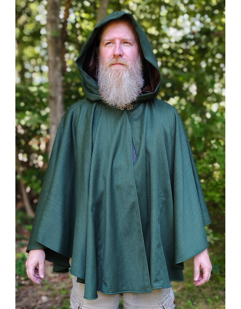 Cloakmakers.com 6143-Washable Green Woven Wool Cloak w/ Dark Brown Velvet Hood Lining & Two Interior Pockets