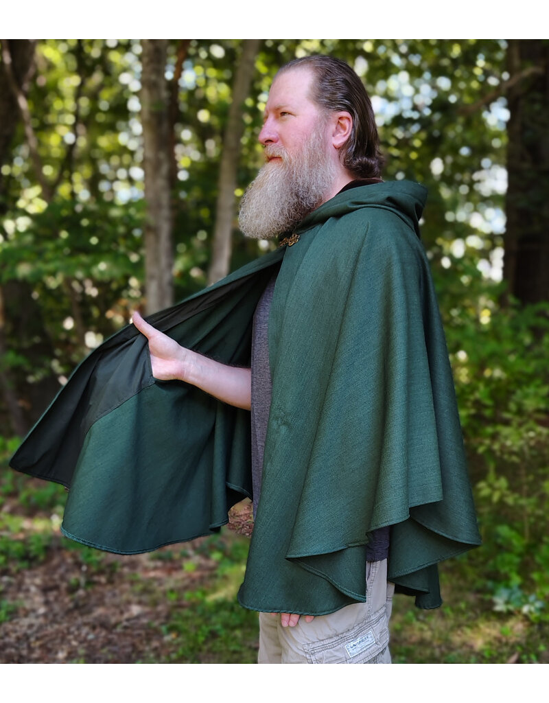 Cloakmakers.com 6143-Washable Green Woven Wool Cloak w/ Dark Brown Velvet Hood Lining & Two Interior Pockets