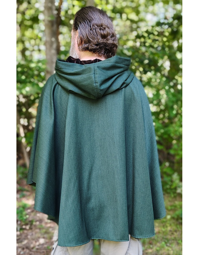 Cloakmakers.com 6143-Washable Green Woven Wool Cloak w/ Dark Brown Velvet Hood Lining & Two Interior Pockets