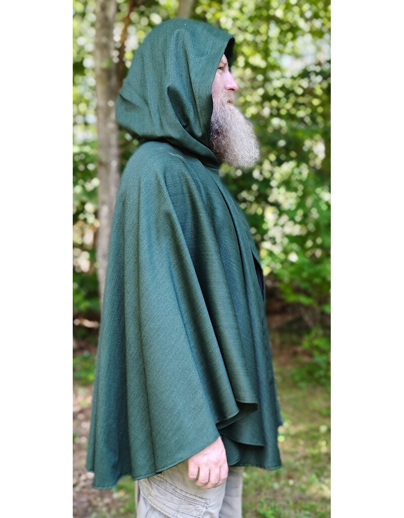 Cloakmakers.com 6143-Washable Green Woven Wool Cloak w/ Dark Brown Velvet Hood Lining & Two Interior Pockets