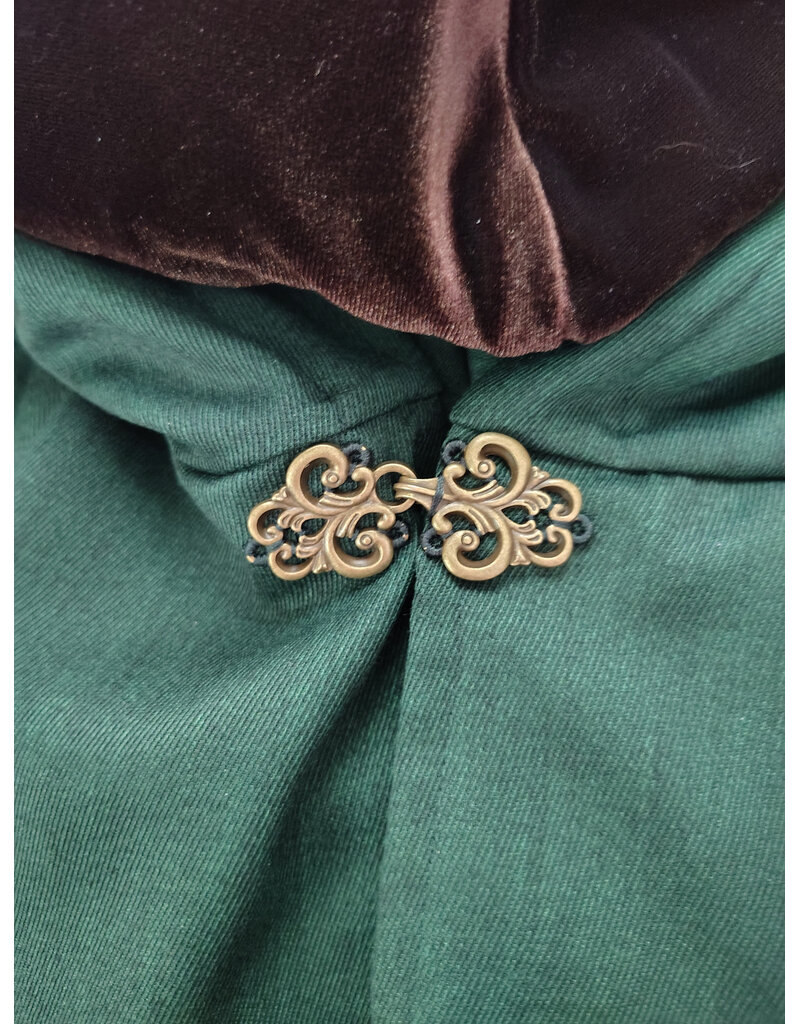 Cloakmakers.com 6143-Washable Green Woven Wool Cloak w/ Dark Brown Velvet Hood Lining & Two Interior Pockets