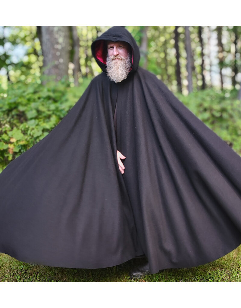 Cloakmakers.com 6144-Washable Black Wool Cloak w/ Red Velvet Hood Lining & Silver Tone Clasp