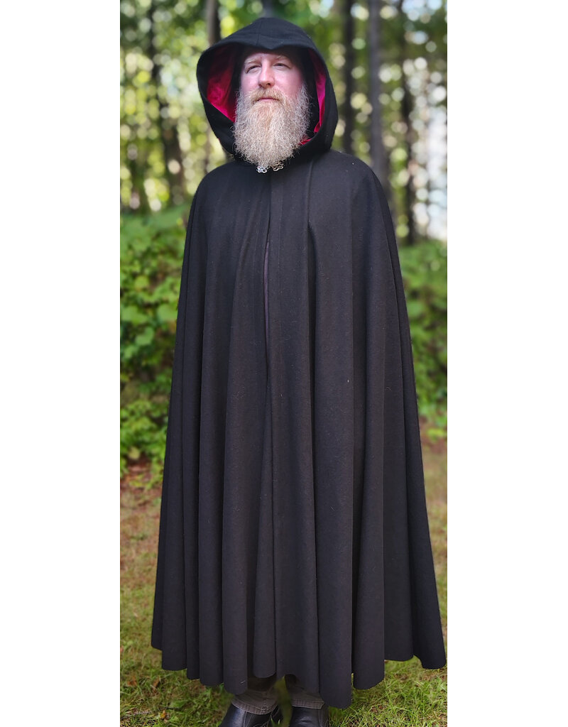 Cloakmakers.com 6144-Washable Black Wool Cloak w/ Red Velvet Hood Lining & Silver Tone Clasp