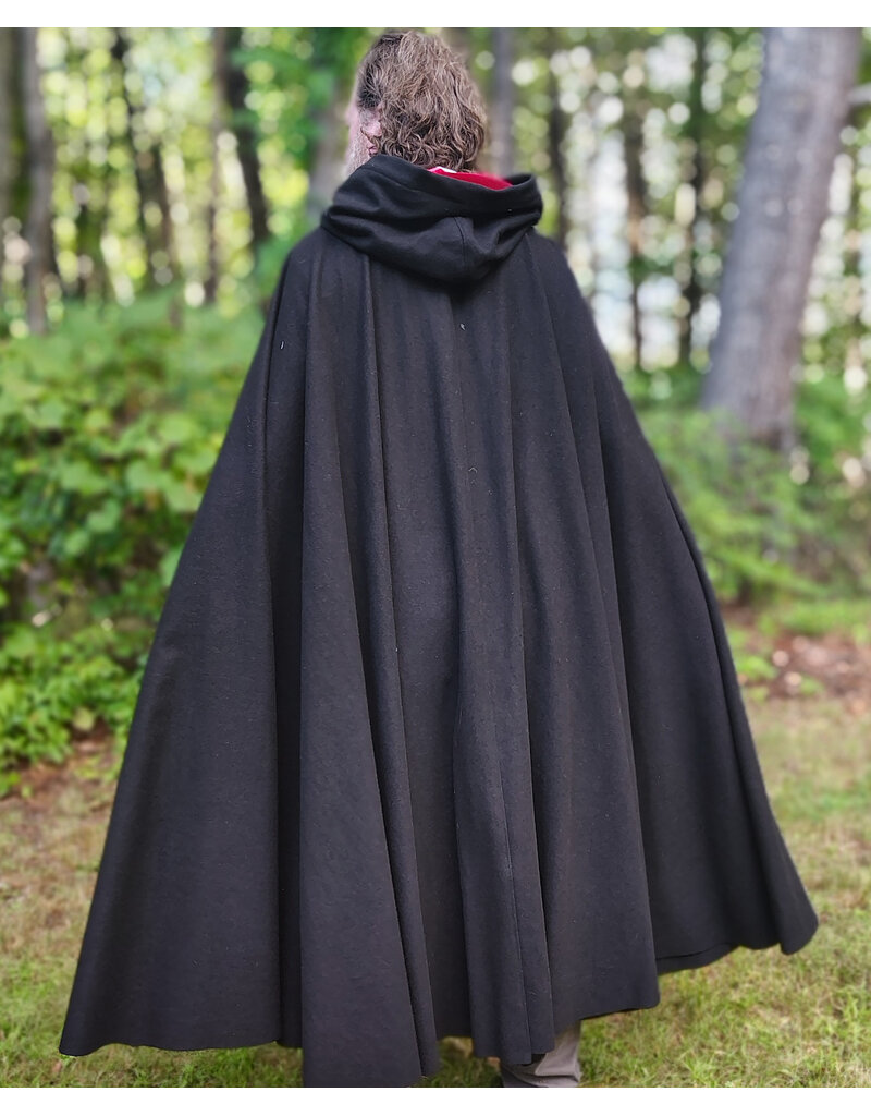 Cloakmakers.com 6144-Washable Black Wool Cloak w/ Red Velvet Hood Lining & Silver Tone Clasp