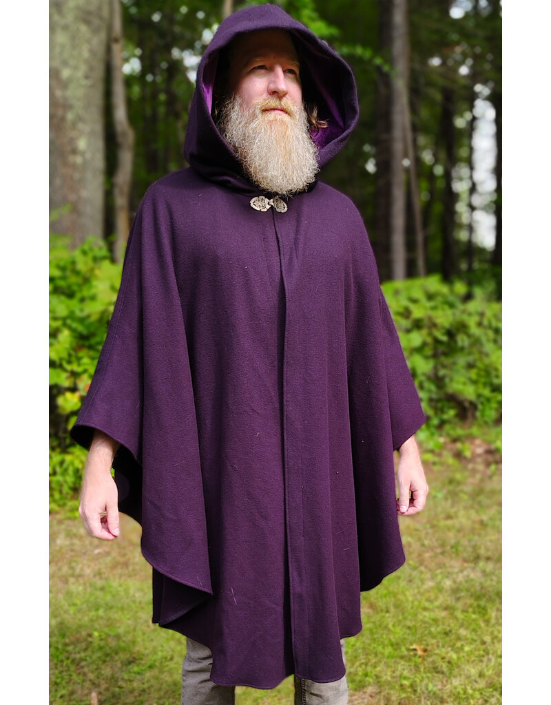 Cloakmakers.com 6146-Washable Aubergine Wool Ruana Cloak w/ Purple Velvet Hood Lining & Gothic Rose Clasp