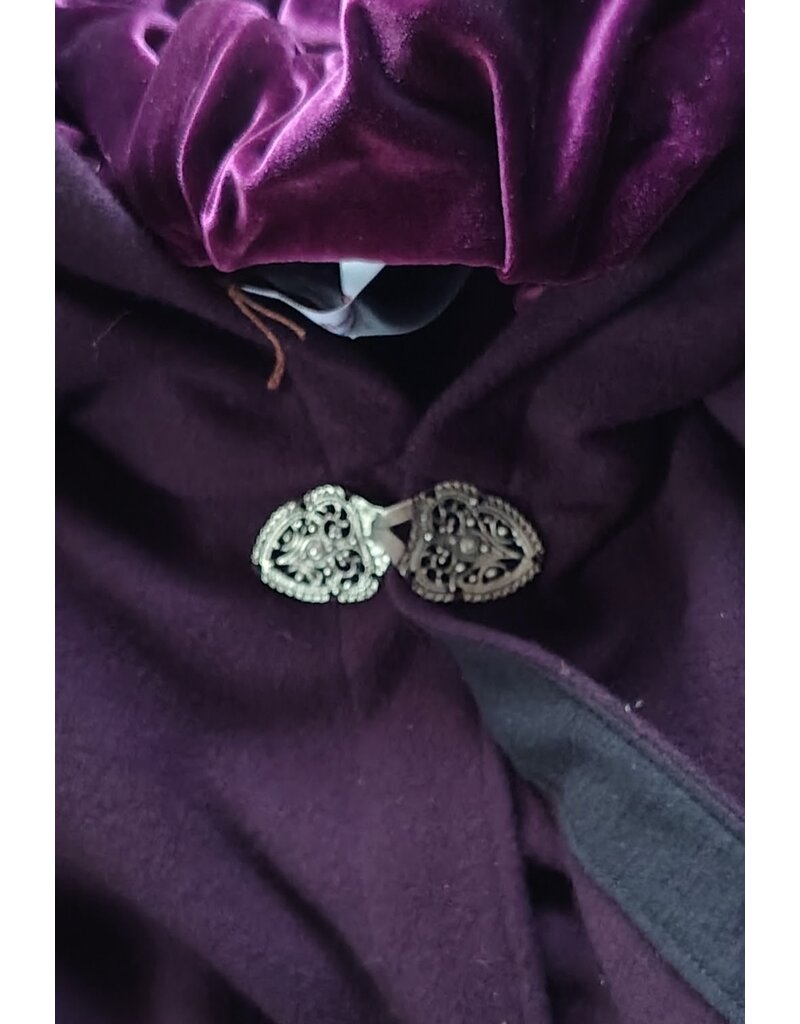 Cloakmakers.com 6146-Washable Aubergine Wool Ruana Cloak w/ Purple Velvet Hood Lining & Gothic Rose Clasp
