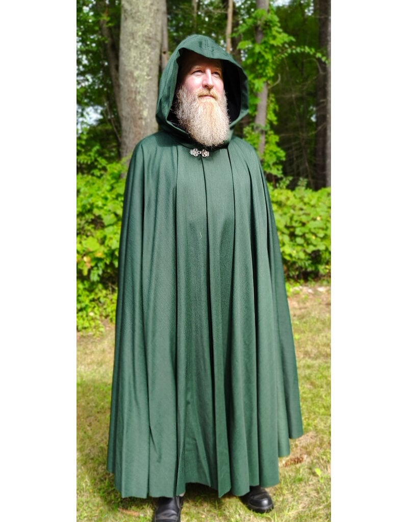 Cloakmakers.com 6148-Washable Long Green Woven Wool Cloak w/ Black Velvet Hood Lining & Silver Tone Clasp