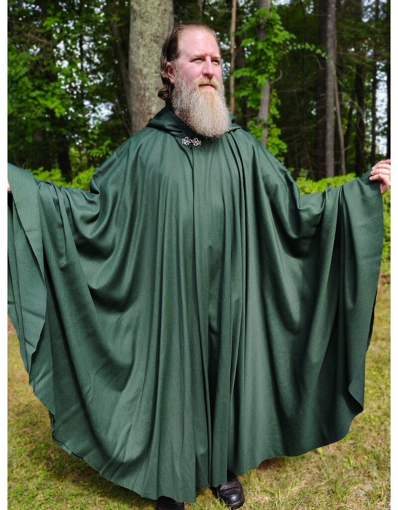 Cloakmakers.com 6148-Washable Long Green Woven Wool Cloak w/ Black Velvet Hood Lining & Silver Tone Clasp