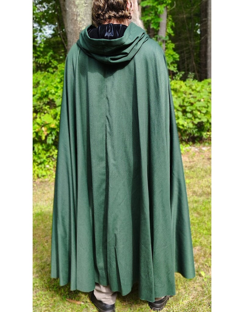 Cloakmakers.com 6148-Washable Long Green Woven Wool Cloak w/ Black Velvet Hood Lining & Silver Tone Clasp