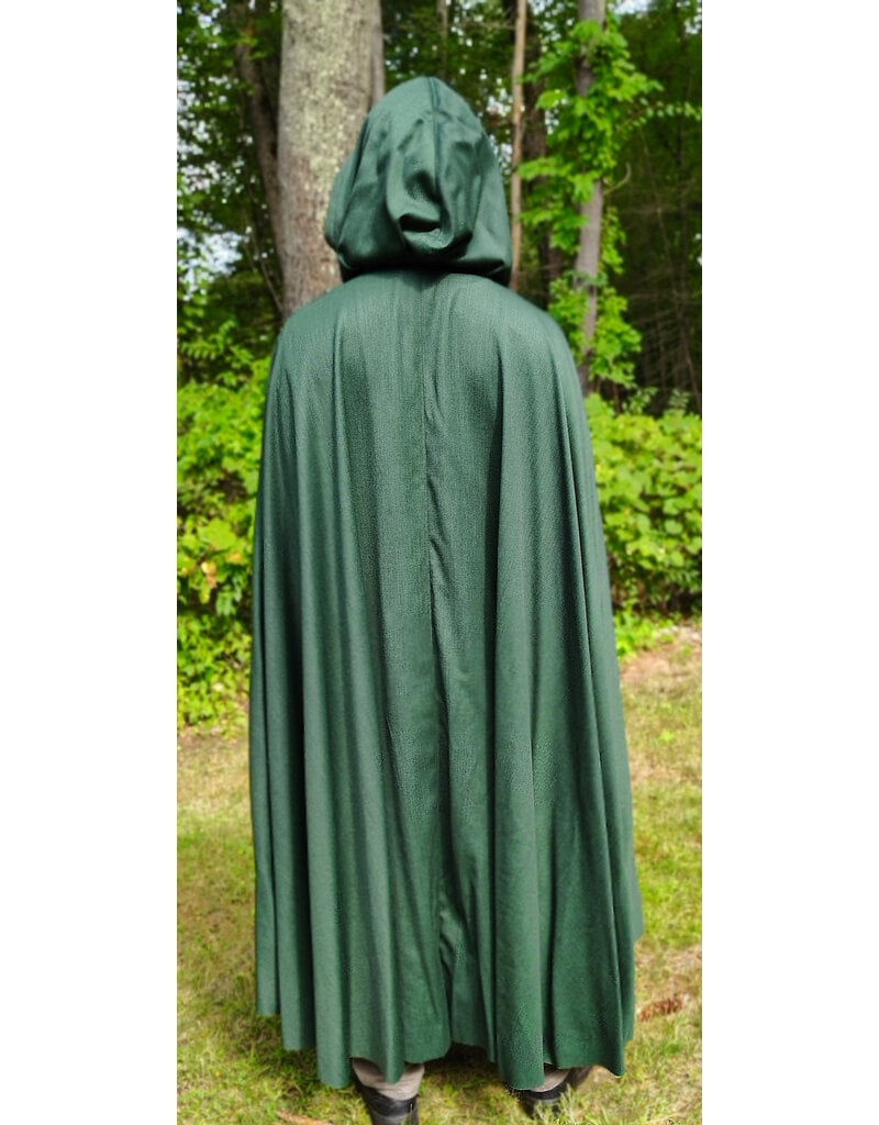 Cloakmakers.com 6148-Washable Long Green Woven Wool Cloak w/ Black Velvet Hood Lining & Silver Tone Clasp