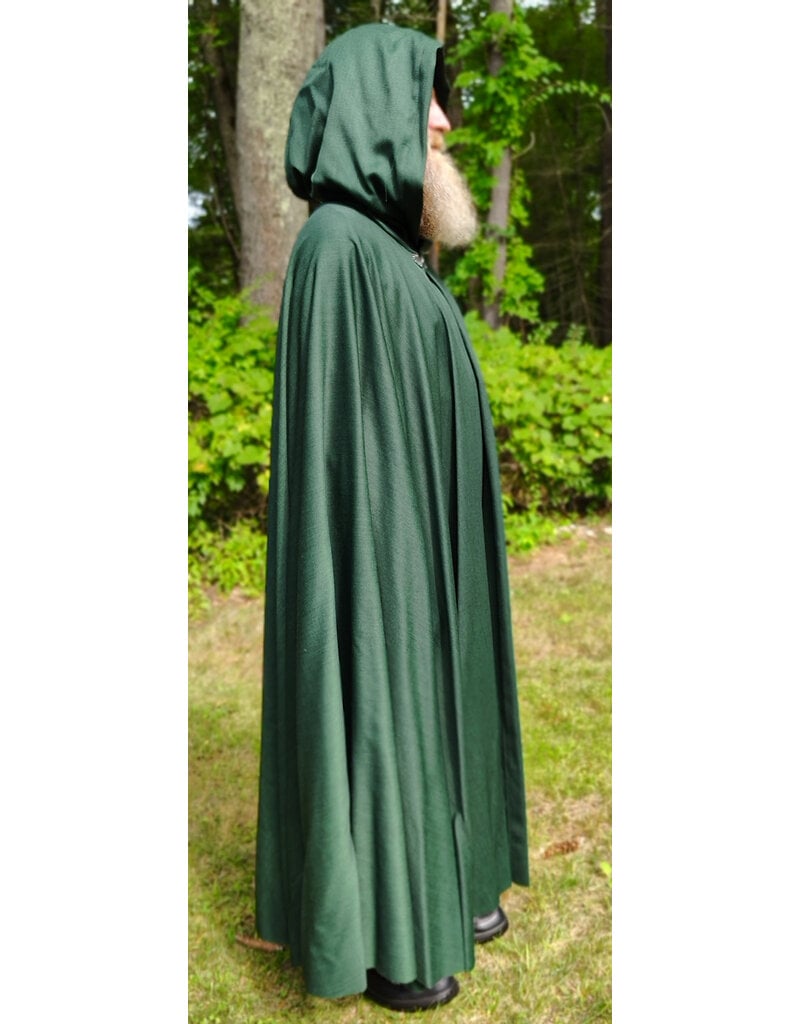 Cloakmakers.com 6148-Washable Long Green Woven Wool Cloak w/ Black Velvet Hood Lining & Silver Tone Clasp