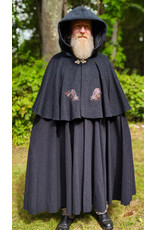 Cloakmakers.com 6149-Washable Charcoal Wool Mantle Cloak w/ Black Velvet Hood Lining & Dual Celtic Raven Embroidery