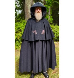 Cloakmakers.com 6149-Washable Charcoal Wool Mantle Cloak w/ Black Velvet Hood Lining & Dual Celtic Raven Embroidery