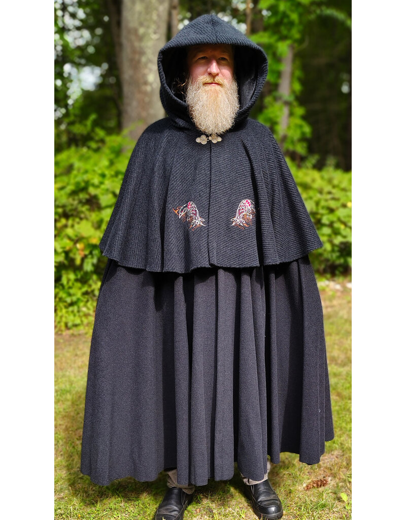 Cloakmakers.com 6149-Washable Charcoal Wool Mantle Cloak w/ Black Velvet Hood Lining & Dual Celtic Raven Embroidery