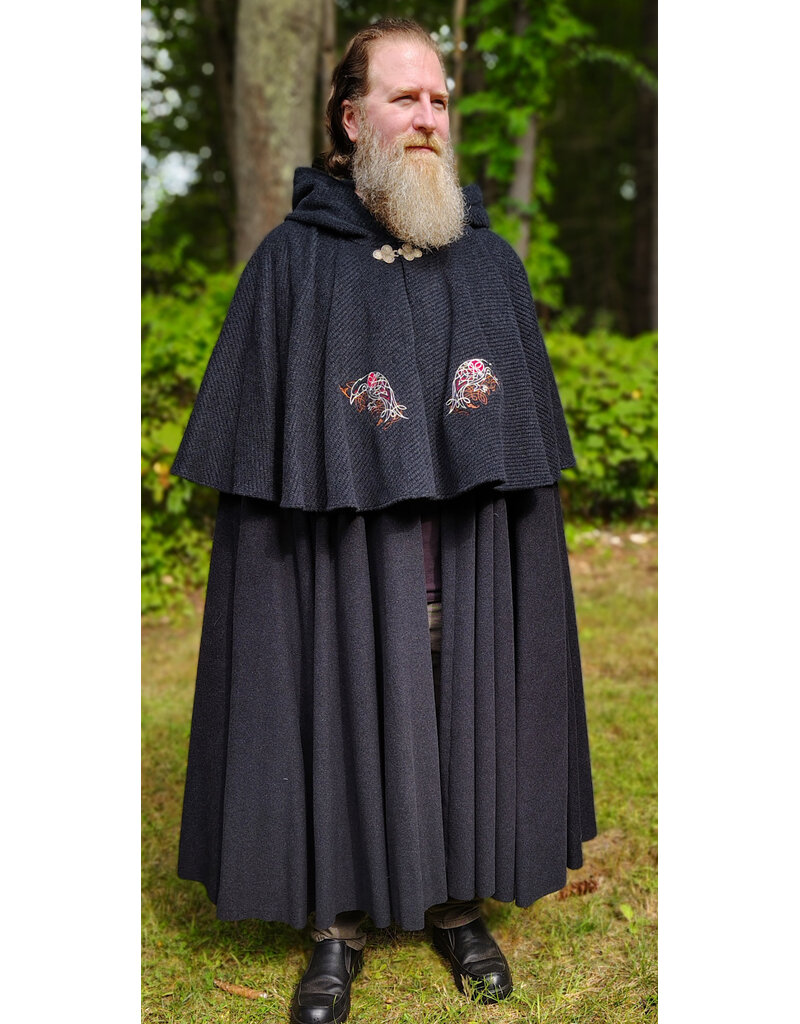Cloakmakers.com 6149-Washable Charcoal Wool Mantle Cloak w/ Black Velvet Hood Lining & Dual Celtic Raven Embroidery