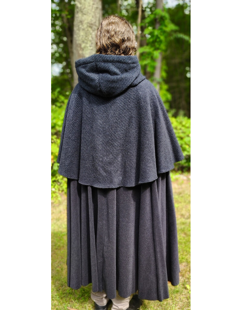 Cloakmakers.com 6149-Washable Charcoal Wool Mantle Cloak w/ Black Velvet Hood Lining & Dual Celtic Raven Embroidery