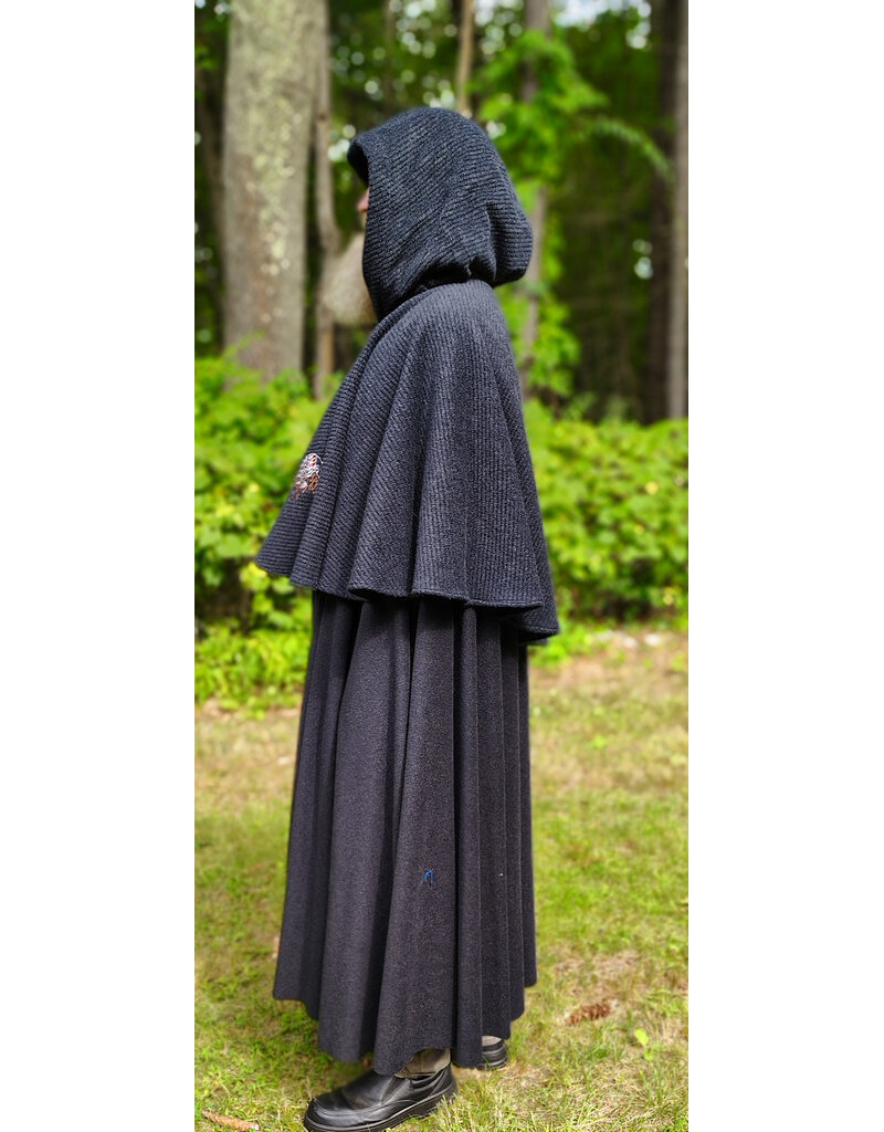 Cloakmakers.com 6149-Washable Charcoal Wool Mantle Cloak w/ Black Velvet Hood Lining & Dual Celtic Raven Embroidery