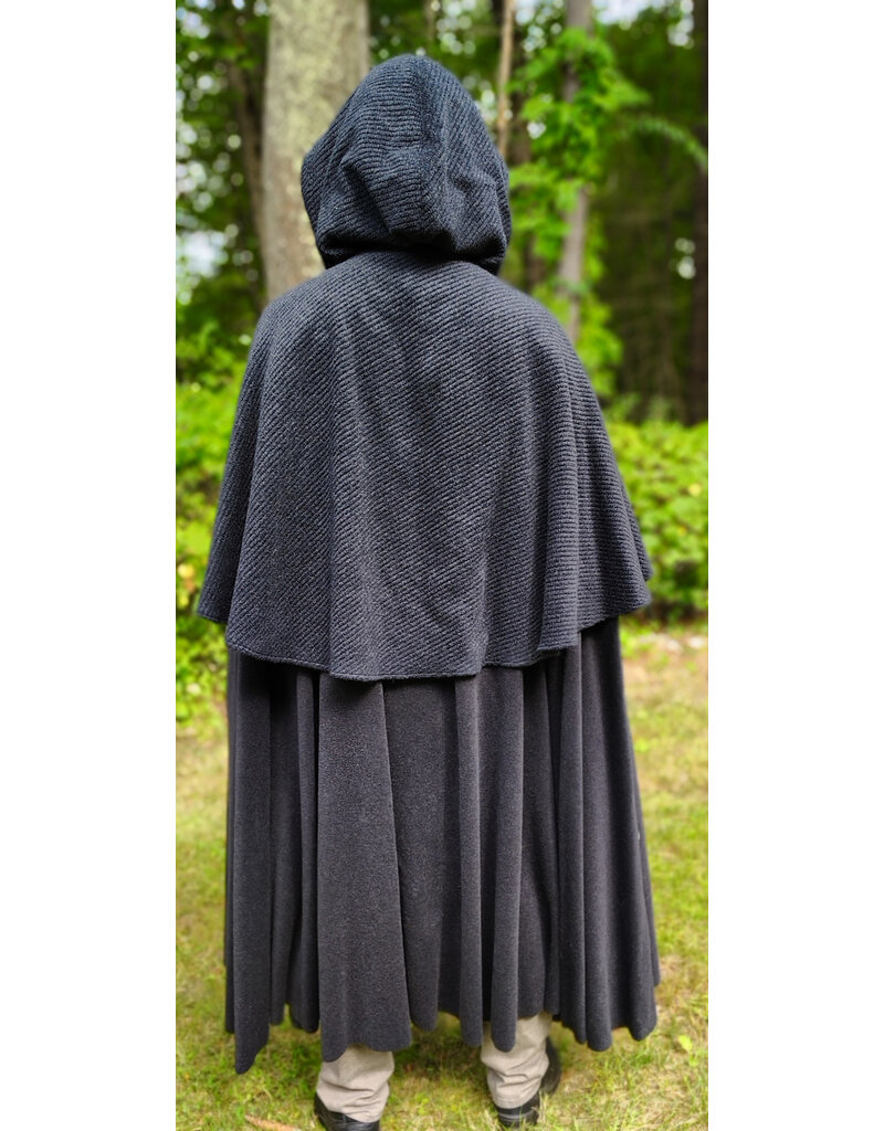 Cloakmakers.com 6149-Washable Charcoal Wool Mantle Cloak w/ Black Velvet Hood Lining & Dual Celtic Raven Embroidery
