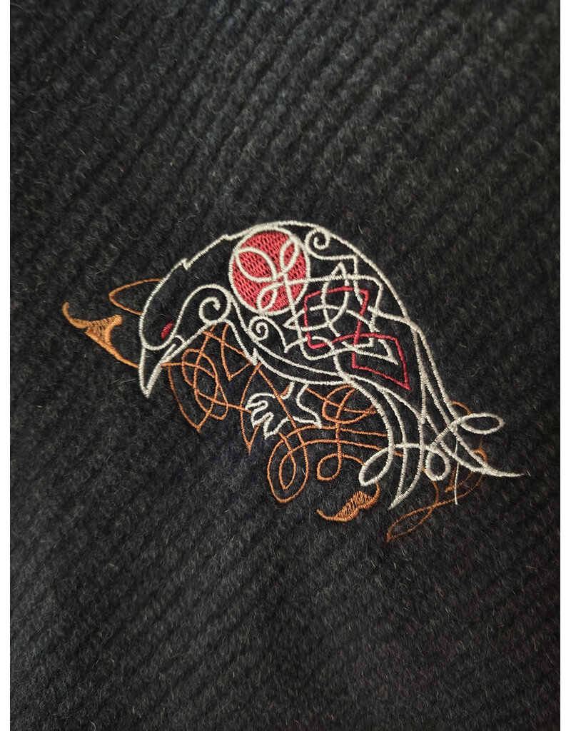 Cloakmakers.com 6149-Washable Charcoal Wool Mantle Cloak w/ Black Velvet Hood Lining & Dual Celtic Raven Embroidery