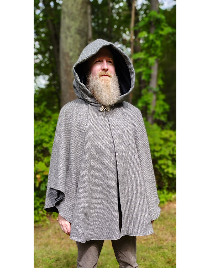 Cloakmakers.com 6150-Washable White & Black Checkered Wool Blend Ruana Cloak w/ Black Velvet Hood Lining & Silver Tone Clasp