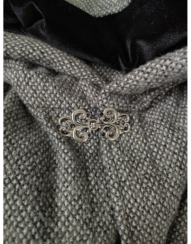 Cloakmakers.com 6150-Washable White & Black Checkered Wool Blend Ruana Cloak w/ Black Velvet Hood Lining & Silver Tone Clasp