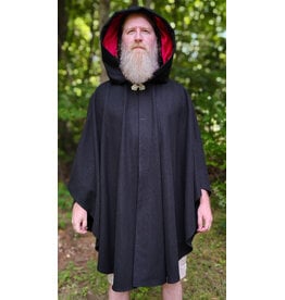Cloakmakers.com 6155-Washable Short Black Wool Cloak w/ Red Velvet Hood Lining & Silver Tone Clasp