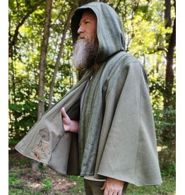 Cloakmakers.com 6160-Washable Variegated Moss Green Wool Cloak w/ Dark Green Velveteen Hood Lining & Mushroom Embroidered Pockets