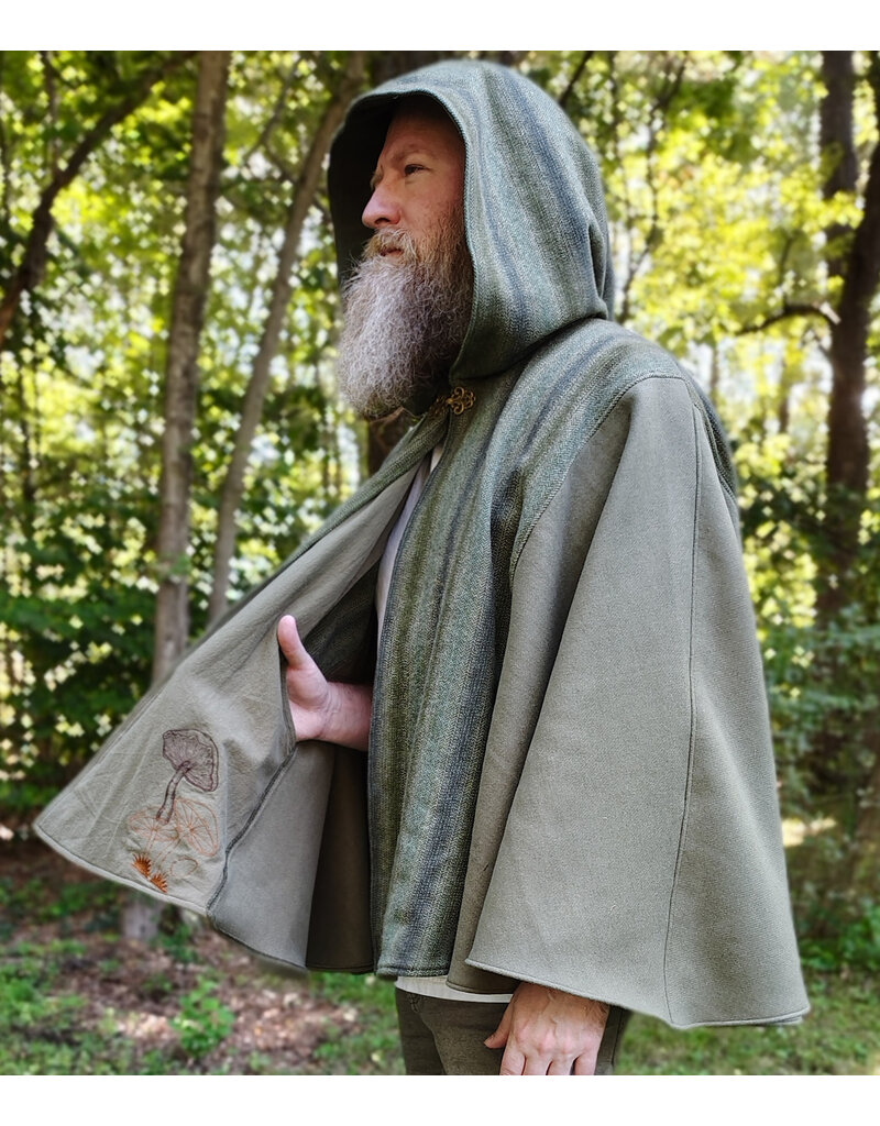 Cloakmakers.com 6160-Washable Variegated Moss Green Wool Cloak w/ Dark Green Velveteen Hood Lining & Mushroom Embroidered Pockets