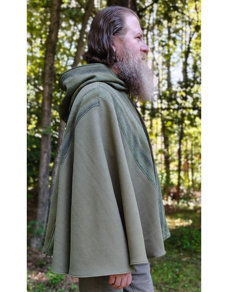Cloakmakers.com 6160-Washable Variegated Moss Green Wool Cloak w/ Dark Green Velveteen Hood Lining & Mushroom Embroidered Pockets