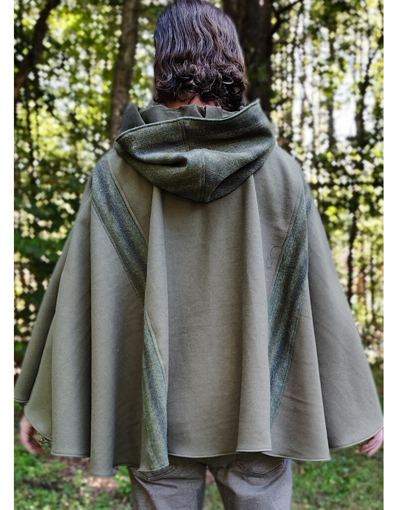 Cloakmakers.com 6160-Washable Variegated Moss Green Wool Cloak w/ Dark Green Velveteen Hood Lining & Mushroom Embroidered Pockets