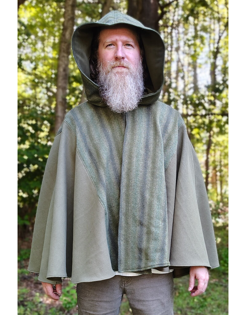 Cloakmakers.com 6160-Washable Variegated Moss Green Wool Cloak w/ Dark Green Velveteen Hood Lining & Mushroom Embroidered Pockets