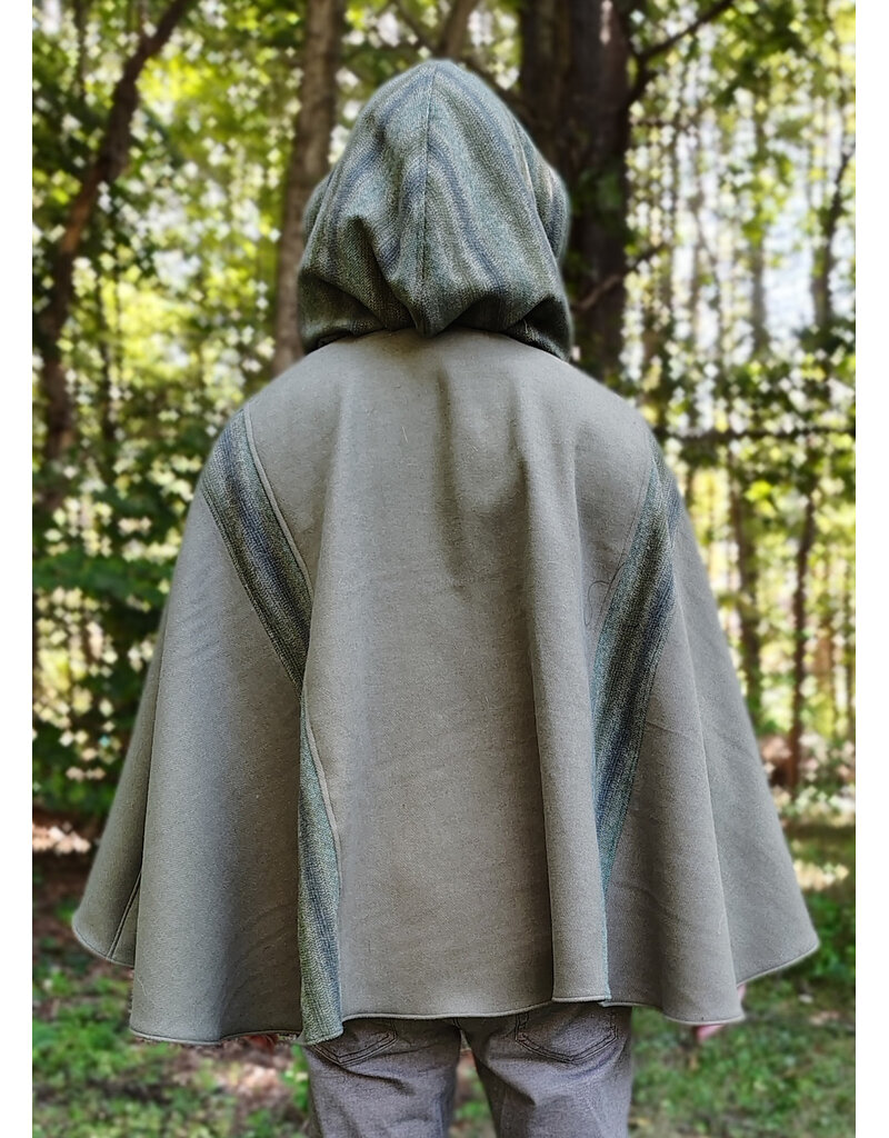Cloakmakers.com 6160-Washable Variegated Moss Green Wool Cloak w/ Dark Green Velveteen Hood Lining & Mushroom Embroidered Pockets